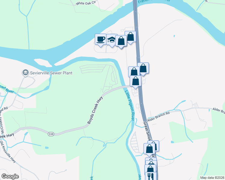 map of restaurants, bars, coffee shops, grocery stores, and more near 4281 Boyds Creek Highway in Sevierville