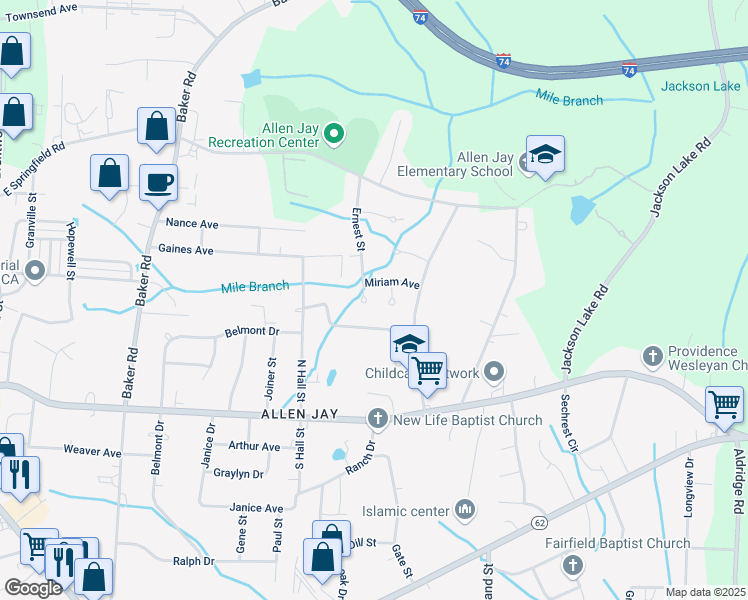 map of restaurants, bars, coffee shops, grocery stores, and more near 2711 Ernest Street in High Point