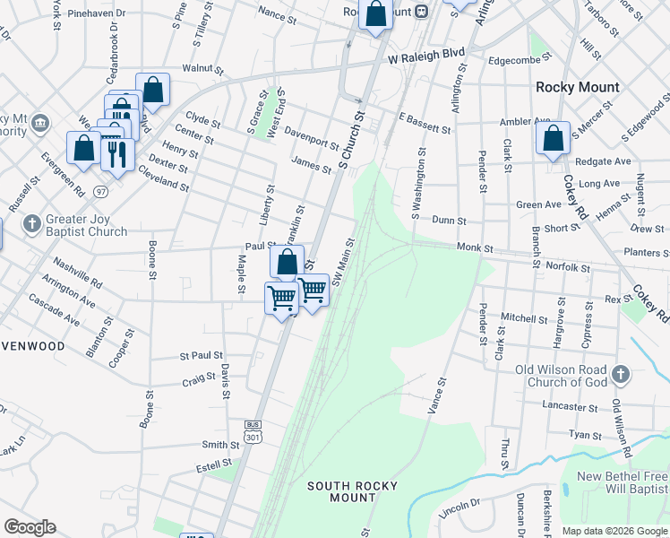 map of restaurants, bars, coffee shops, grocery stores, and more near 1216 Southwest Main Street in Rocky Mount
