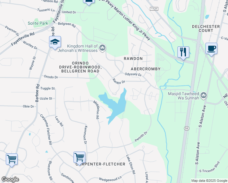 map of restaurants, bars, coffee shops, grocery stores, and more near 3568 Sugar Tree Place in Durham
