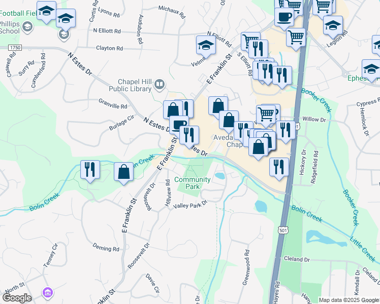 map of restaurants, bars, coffee shops, grocery stores, and more near 106 South Estes Drive in Chapel Hill