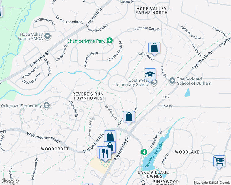 map of restaurants, bars, coffee shops, grocery stores, and more near 4903 Fortunes Ridge Drive in Durham