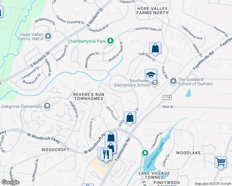 map of restaurants, bars, coffee shops, grocery stores, and more near 4903 Fortunes Ridge Drive in Durham