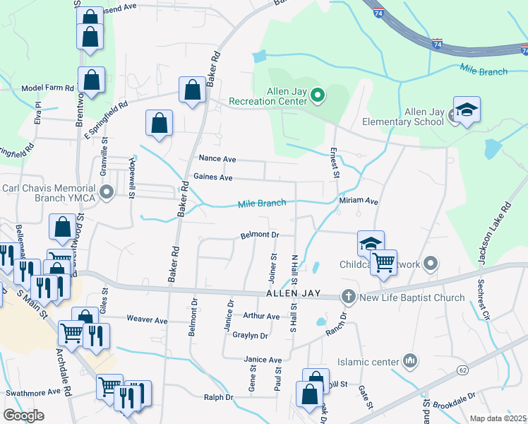 map of restaurants, bars, coffee shops, grocery stores, and more near 805 Belmont Drive in High Point