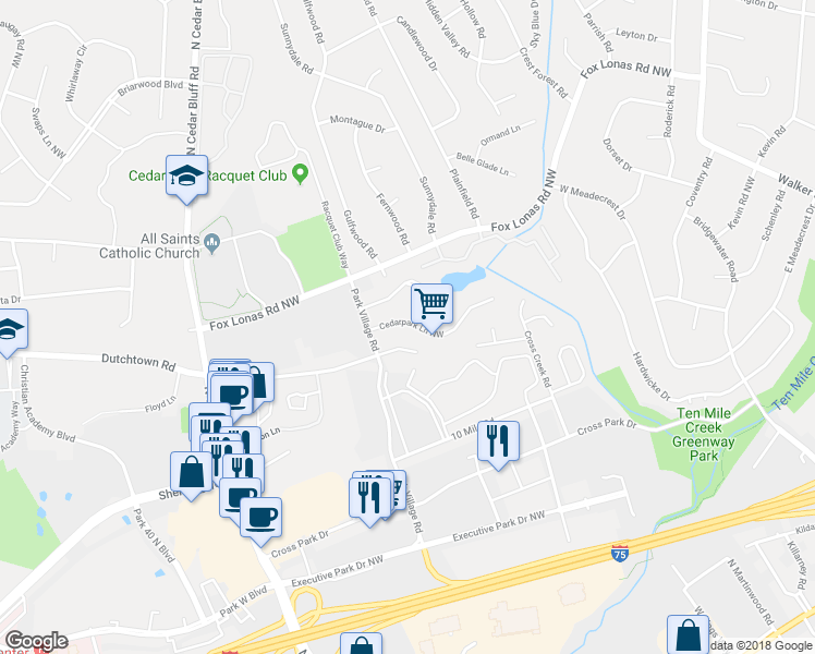 map of restaurants, bars, coffee shops, grocery stores, and more near 9145 Cedarpark Lane Northwest in Knoxville