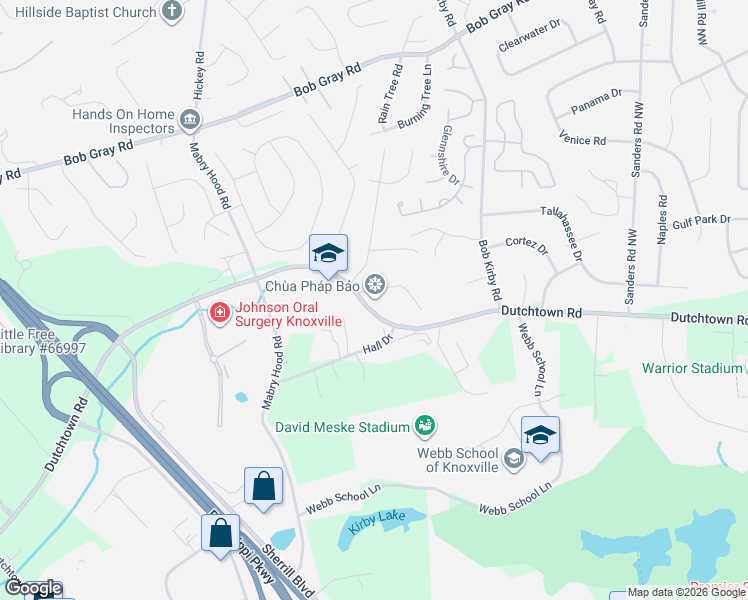 map of restaurants, bars, coffee shops, grocery stores, and more near 9909 Dutchtown Road in Knoxville