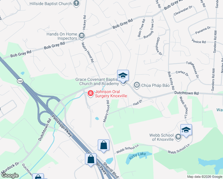 map of restaurants, bars, coffee shops, grocery stores, and more near 950 Mabry Hood Road in Knoxville