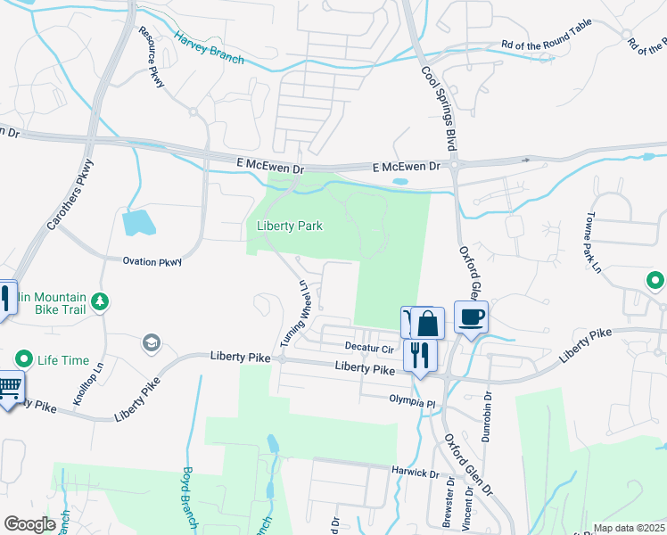 map of restaurants, bars, coffee shops, grocery stores, and more near 1110 Park Run Drive in Franklin
