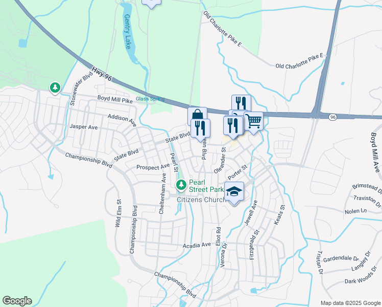 map of restaurants, bars, coffee shops, grocery stores, and more near 114 Prospect Avenue in Franklin