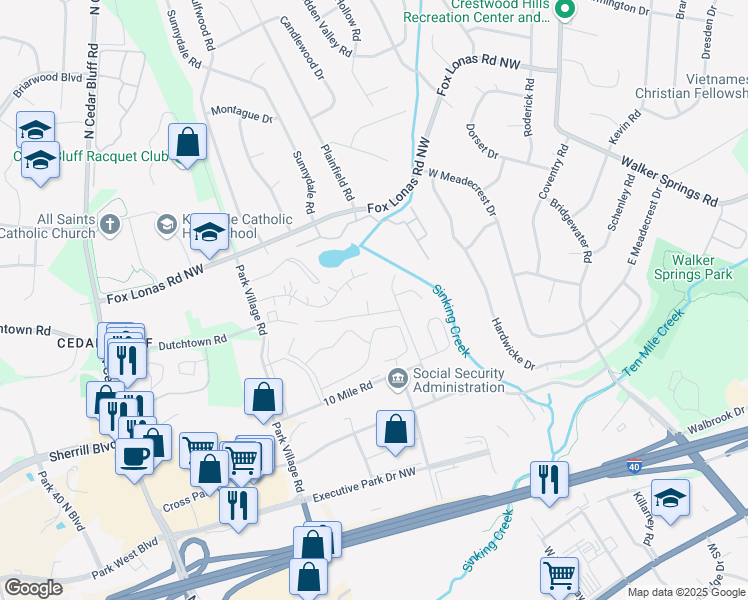 map of restaurants, bars, coffee shops, grocery stores, and more near 502 Cedartop Lane Northwest in Knoxville