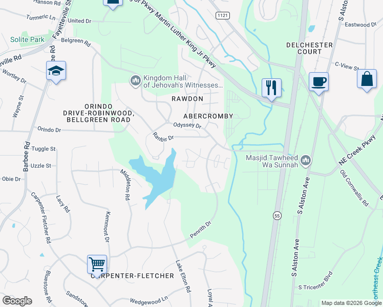 map of restaurants, bars, coffee shops, grocery stores, and more near 5216 Penrith Drive in Durham