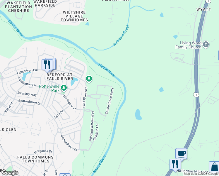 map of restaurants, bars, coffee shops, grocery stores, and more near 3317 Canoe Brook Parkway in Raleigh