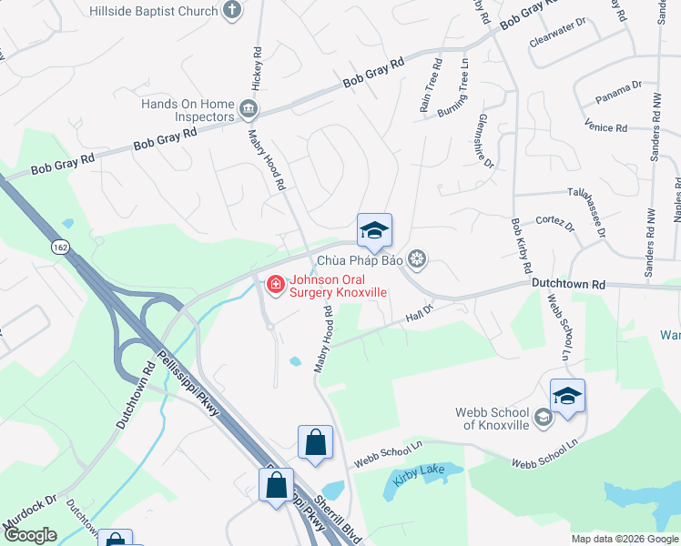 map of restaurants, bars, coffee shops, grocery stores, and more near 950 Mabry Hood Road in Knoxville
