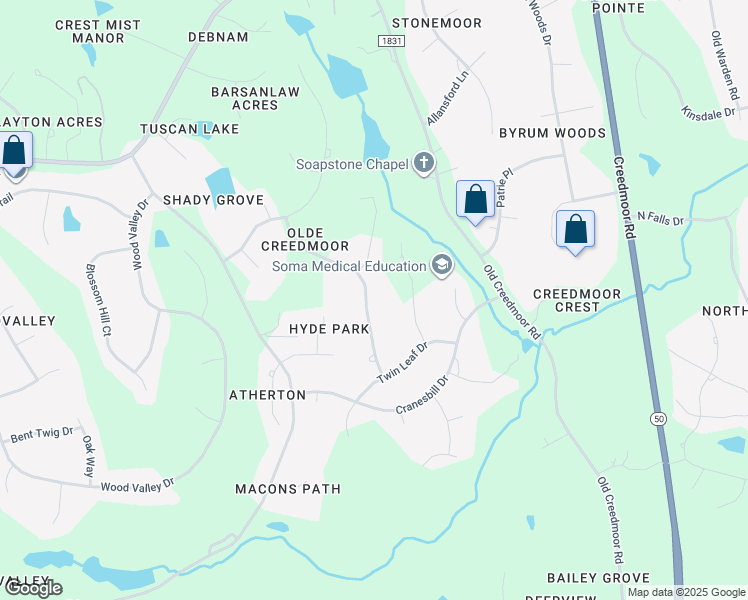 map of restaurants, bars, coffee shops, grocery stores, and more near 5224 Deergrass Court in Raleigh