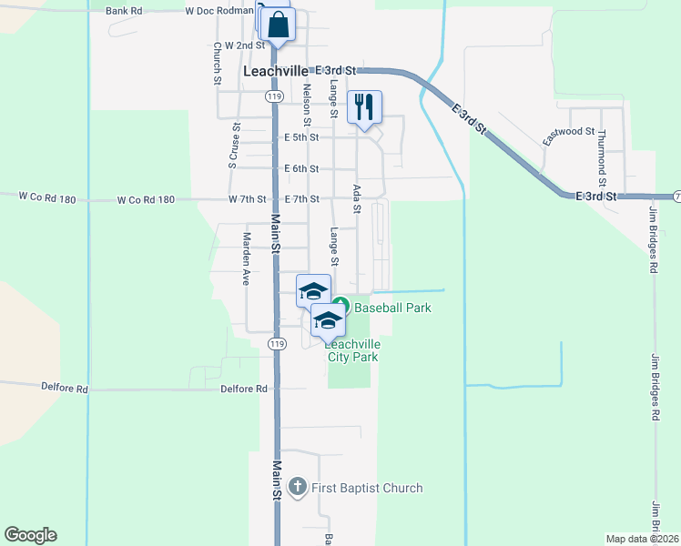 map of restaurants, bars, coffee shops, grocery stores, and more near 1004 Lange Street in Leachville