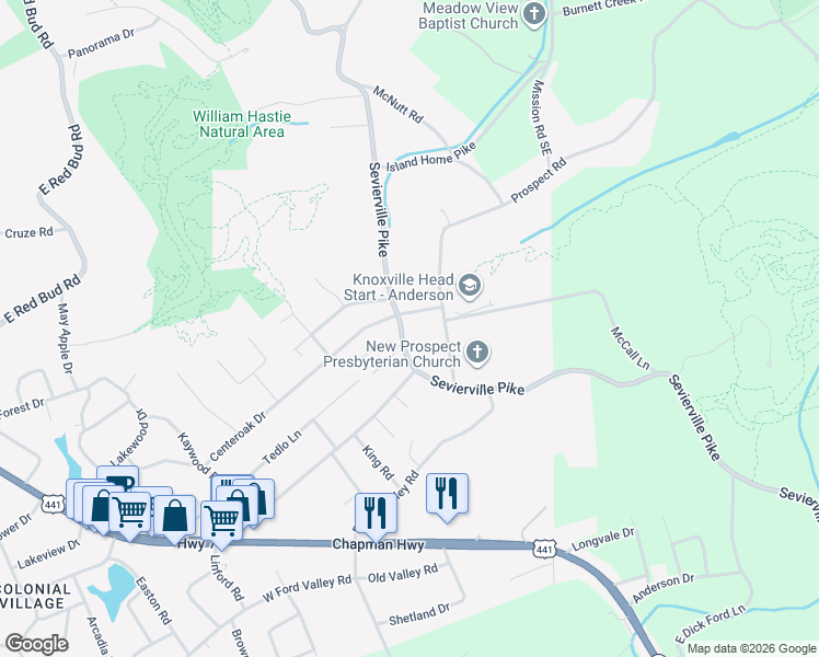 map of restaurants, bars, coffee shops, grocery stores, and more near 6108 Sevierville Pike in Knoxville