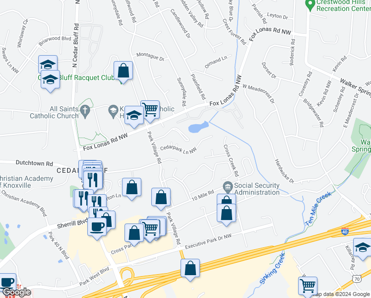 map of restaurants, bars, coffee shops, grocery stores, and more near 9133 Cedarpark Lane Northwest in Knoxville
