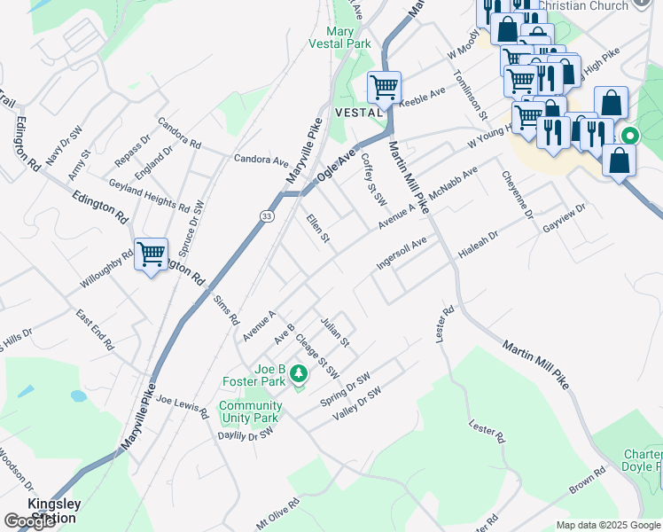 map of restaurants, bars, coffee shops, grocery stores, and more near 812 Avenue A in Knoxville