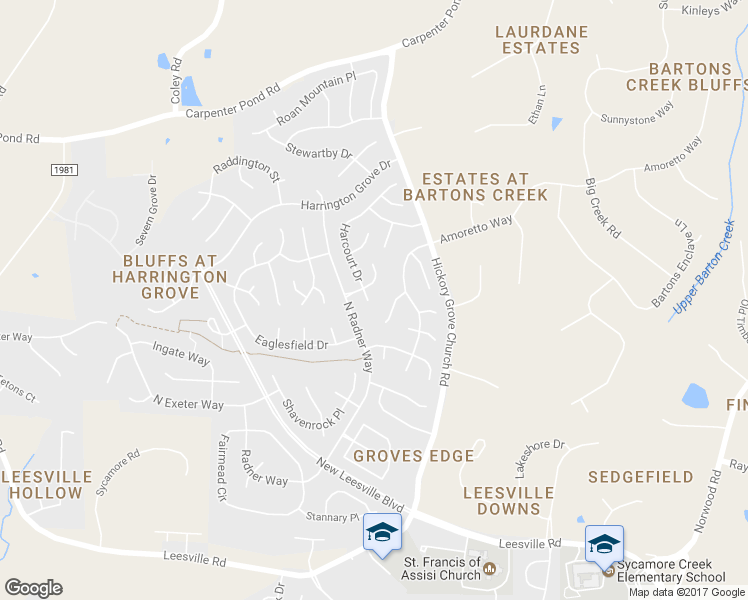 map of restaurants, bars, coffee shops, grocery stores, and more near 12204 Harcourt Drive in Raleigh