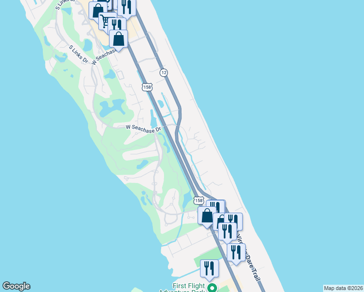 map of restaurants, bars, coffee shops, grocery stores, and more near 5900 South Seachase Drive in Nags Head
