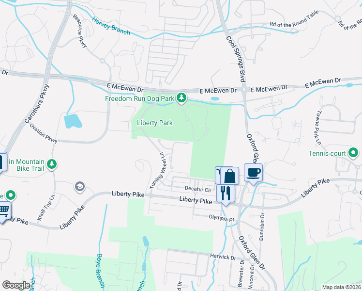map of restaurants, bars, coffee shops, grocery stores, and more near 1110 Park Run Drive in Franklin