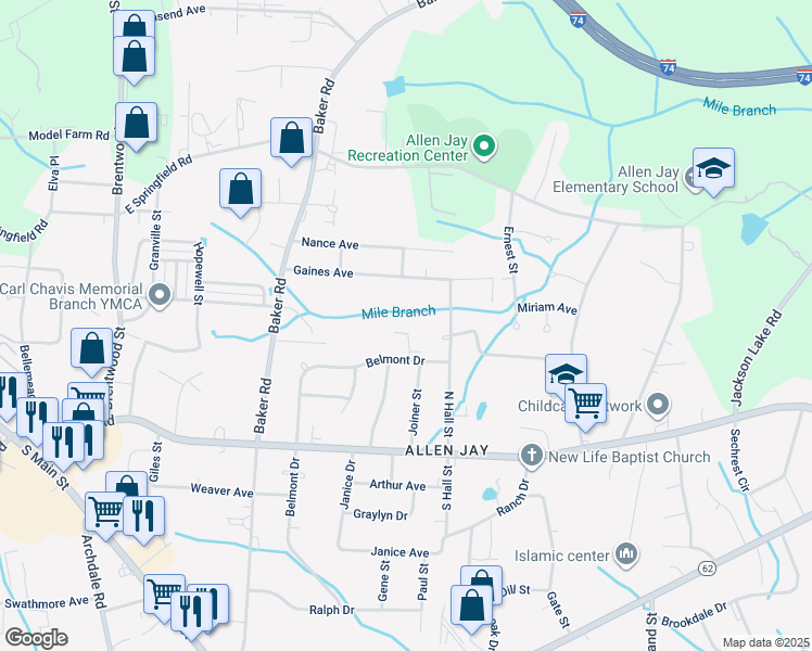 map of restaurants, bars, coffee shops, grocery stores, and more near 819 Belmont Drive in High Point