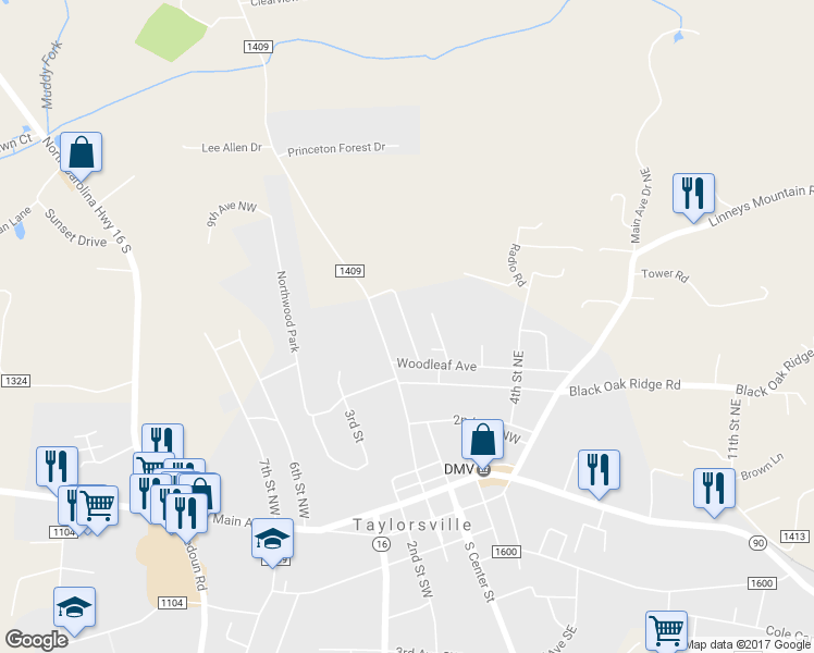 map of restaurants, bars, coffee shops, grocery stores, and more near 139 North Center Street in Township of Taylorsville