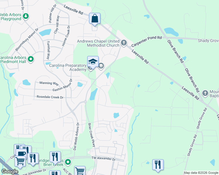 map of restaurants, bars, coffee shops, grocery stores, and more near 1110 Meadow Pond Drive in Durham