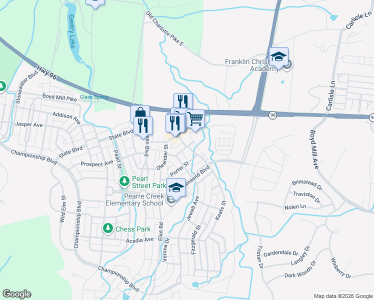 map of restaurants, bars, coffee shops, grocery stores, and more near 6000 Keats Street in Franklin