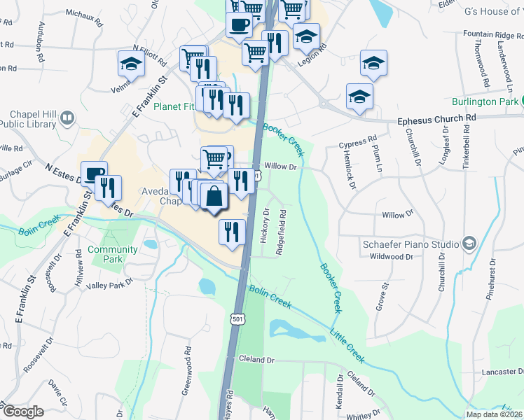 map of restaurants, bars, coffee shops, grocery stores, and more near 408 Hickory Drive in Chapel Hill