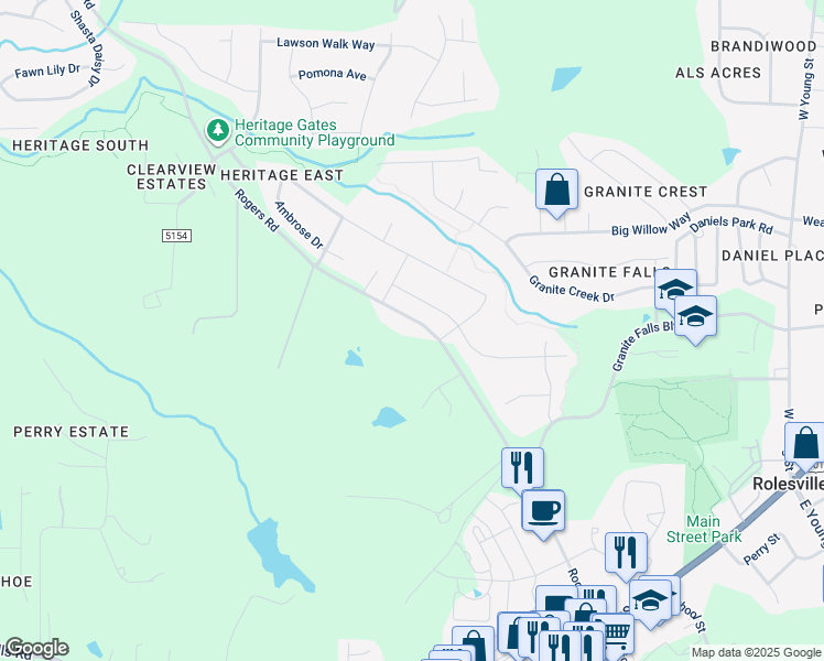 map of restaurants, bars, coffee shops, grocery stores, and more near 4812 Rogers Road in Rolesville