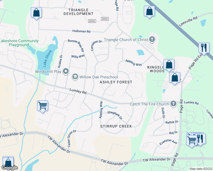 map of restaurants, bars, coffee shops, grocery stores, and more near 3311 Appling Way in Durham