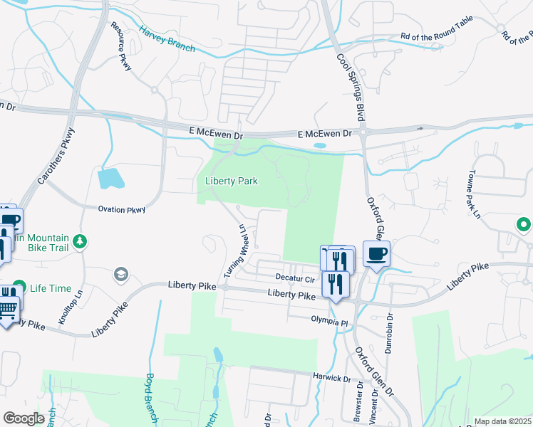 map of restaurants, bars, coffee shops, grocery stores, and more near 1110 Park Run Drive in Franklin