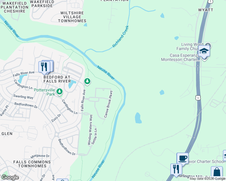 map of restaurants, bars, coffee shops, grocery stores, and more near 3316 Canoe Brook Parkway in Raleigh