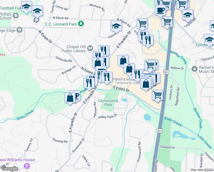 map of restaurants, bars, coffee shops, grocery stores, and more near 130 Estes Drive in Chapel Hill