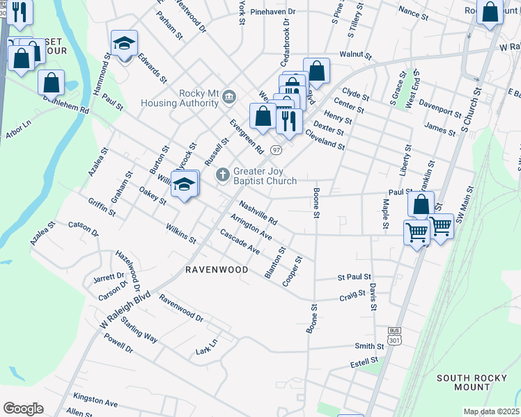 map of restaurants, bars, coffee shops, grocery stores, and more near 756 Nashville Road in Rocky Mount