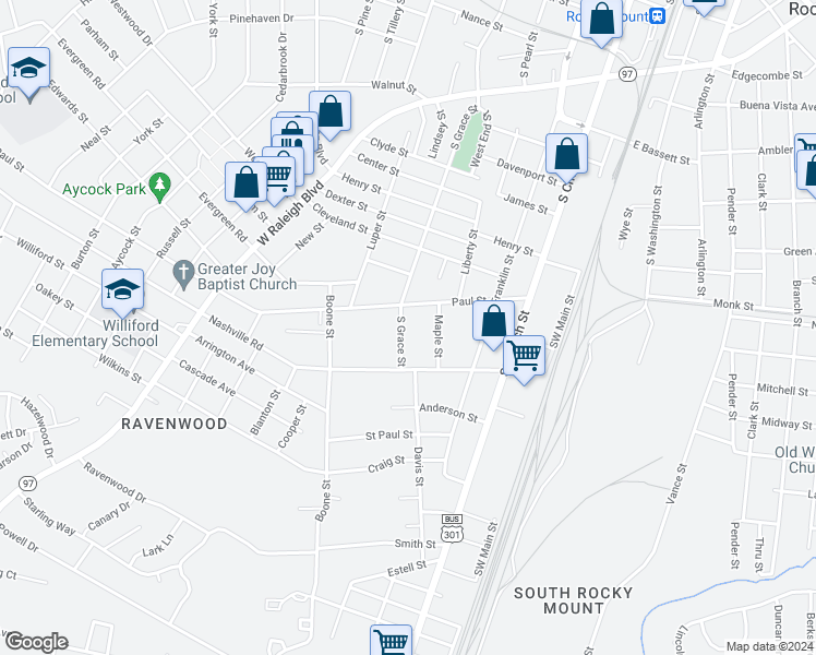 map of restaurants, bars, coffee shops, grocery stores, and more near 1615 South Grace Street in Rocky Mount
