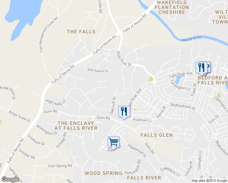 map of restaurants, bars, coffee shops, grocery stores, and more near 11331 Oakcroft Drive in Raleigh