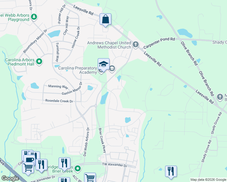 map of restaurants, bars, coffee shops, grocery stores, and more near 1004 Meadow Pond Drive in Durham