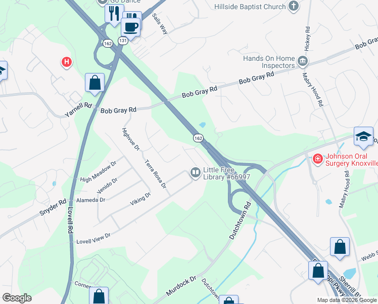 map of restaurants, bars, coffee shops, grocery stores, and more near 1104 Blinken Street in Knoxville