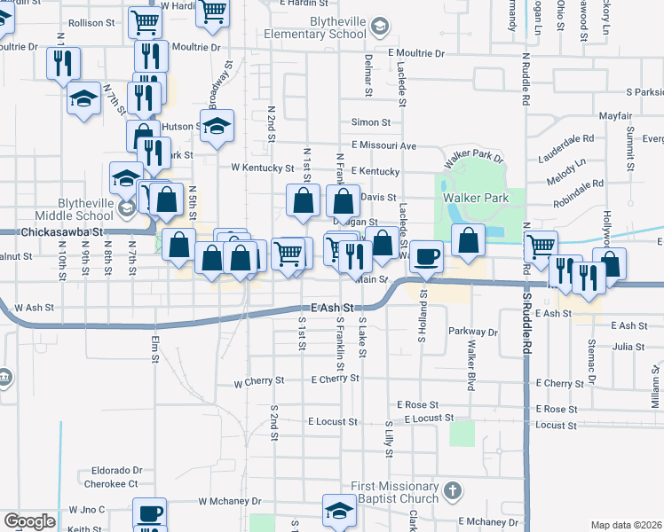 map of restaurants, bars, coffee shops, grocery stores, and more near 125 East Walnut Street in Blytheville
