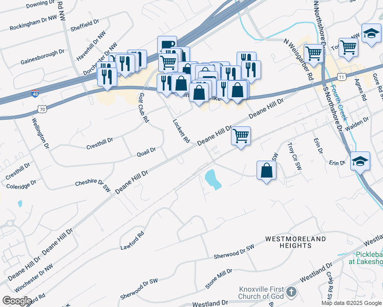map of restaurants, bars, coffee shops, grocery stores, and more near 6712 Deane Hill Drive in Knoxville