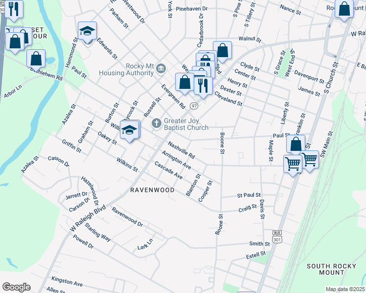 map of restaurants, bars, coffee shops, grocery stores, and more near 756 Nashville Road in Rocky Mount