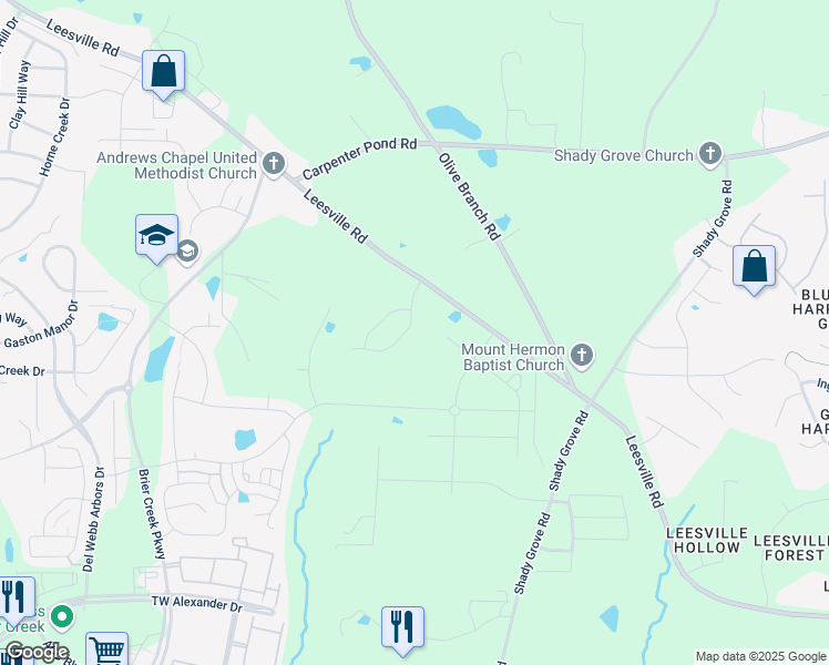 map of restaurants, bars, coffee shops, grocery stores, and more near 7117 Crested Iris Place in Durham