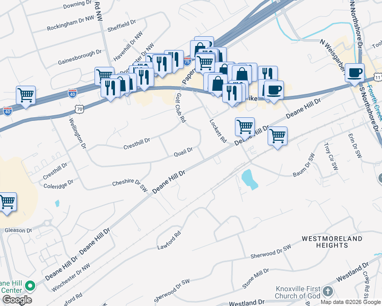 map of restaurants, bars, coffee shops, grocery stores, and more near 6904 Quail Drive in Knoxville