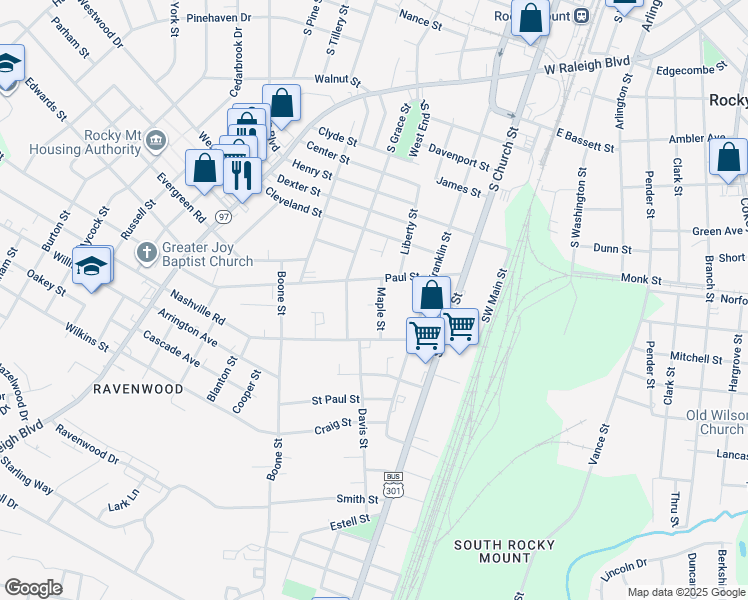 map of restaurants, bars, coffee shops, grocery stores, and more near 1320 Maple Street in Rocky Mount