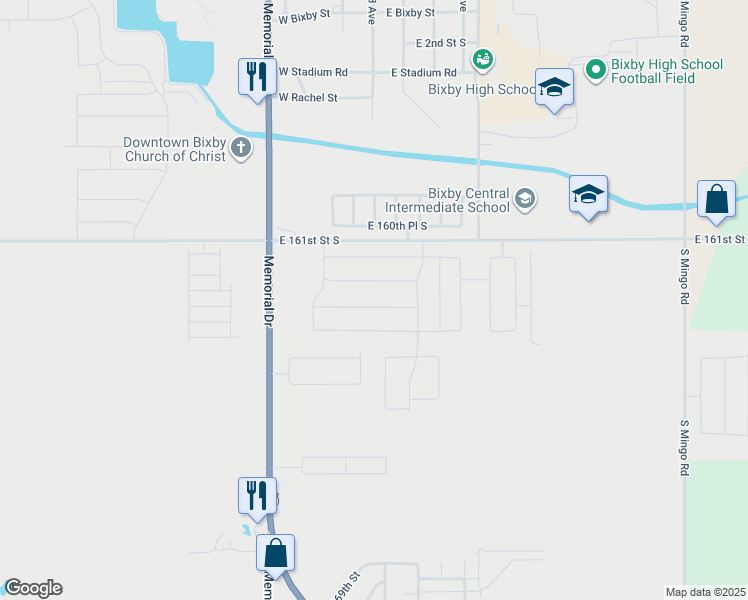 map of restaurants, bars, coffee shops, grocery stores, and more near 8403 East 164th Street South in Bixby