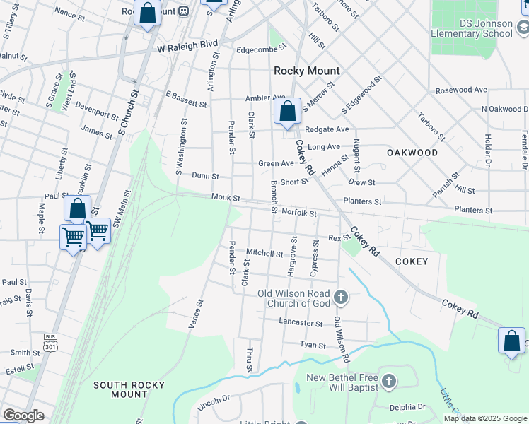 map of restaurants, bars, coffee shops, grocery stores, and more near 621 Norfolk Street in Rocky Mount