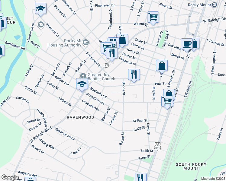 map of restaurants, bars, coffee shops, grocery stores, and more near Willowby Street in Rocky Mount