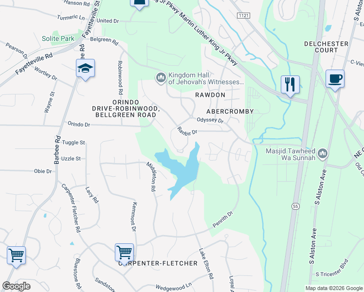 map of restaurants, bars, coffee shops, grocery stores, and more near 3568 Sugar Tree Place in Durham